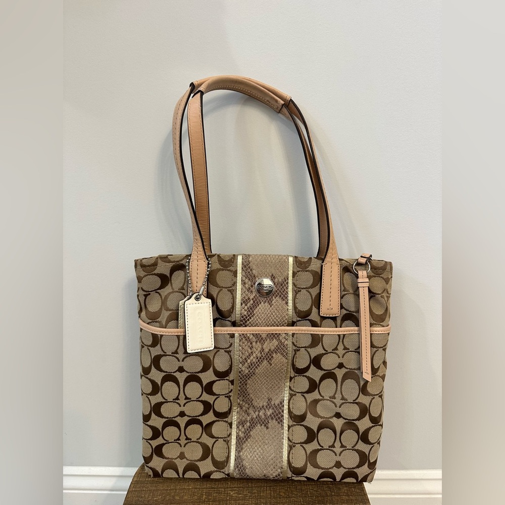 Used Coach F27362 Stripe python khaki tote bag